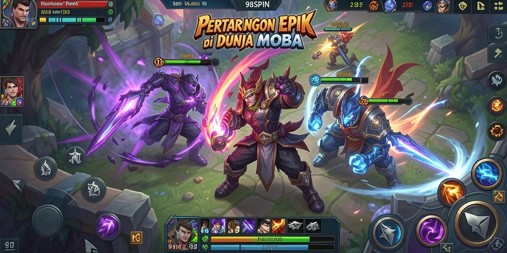 Screenshot gameplay 98SPIN menampilkan aksi seru pertarungan MOBA.
