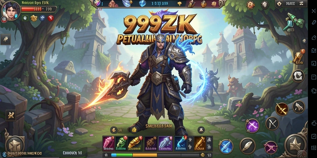 Screenshot gameplay <strong>999ZK</strong> yang menunjukkan pertarungan epik di dunia fantasi.