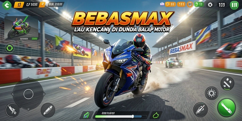 Screenshot gameplay BEBASMAX menampilkan balapan motor yang seru.