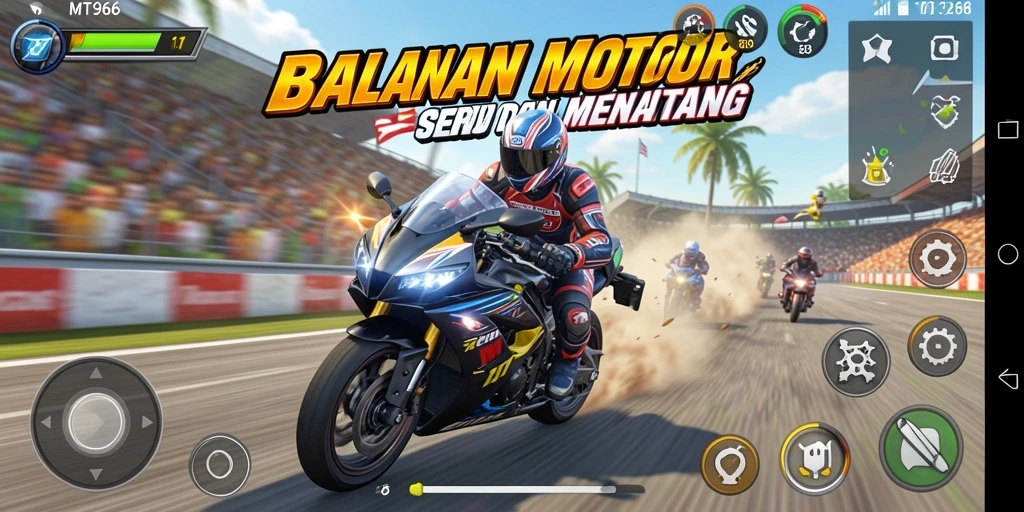 Screenshot utama MT966 menampilkan aksi balapan motor yang mendebarkan.