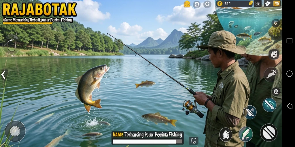 Tangkapan layar gameplay RAJABOTAK menampilkan keseruan memancing yang mendebarkan.